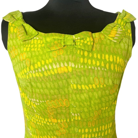 60s Mini Dress Bow Tie Design Lime Green Vintage Minidress Sleeveless Lime Green - Picture 2 of 8
